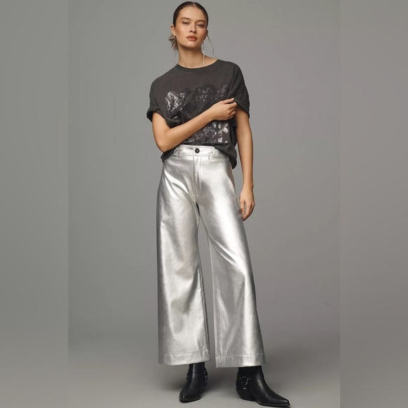 NWT Anthropologie Maeve The Ettie High-Rise Crop Wide-Leg Pants Metallic - Picture 1 of 11